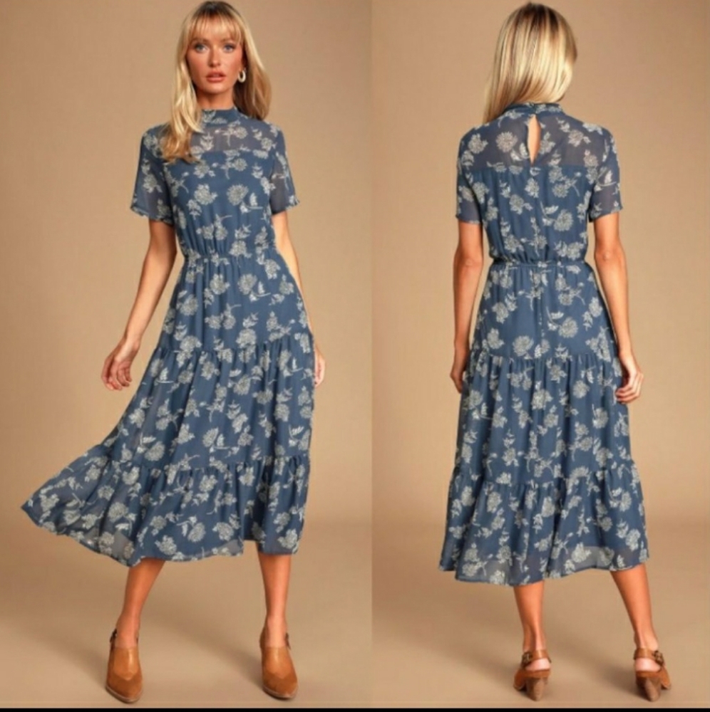 Lulus Dusty Blue Floral Midi Dress XS
